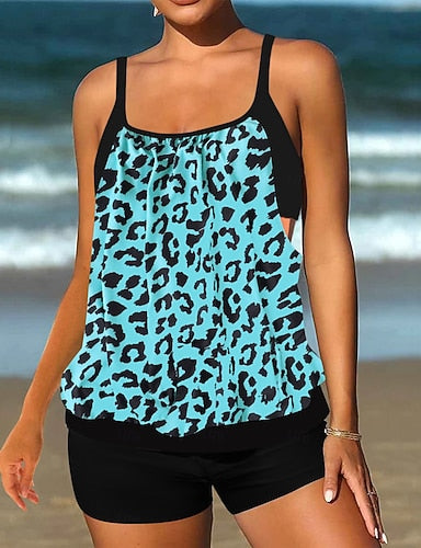 Swimwear Tankini 2 Piece Swim Dress High Waist Swimsuit High Waist Slim Knitted Stylish Beach Wear Leopard Tropical Round Neck Sleeveless Bathing Suits