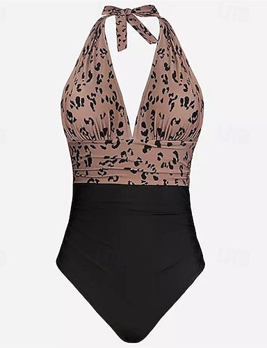 One Piece Swimsuit Deep V Open Back Swimwear Leopard Print Swimwear Brown Breathable Quick Dry Lightweight Sleeveless - Swimming Surfing Beach Summer Spring