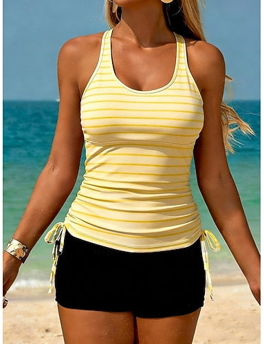 Swimwear Tankini 2 Piece High Waist Swimsuit Tummy Control High Waist Slim Backless Vacation Beach Wear Striped U Neck Sleeveless Bathing Suits