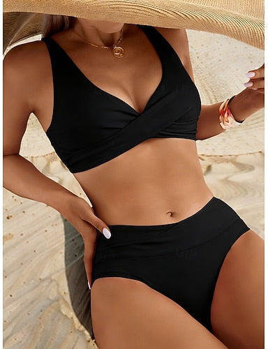 Swimwear Bikini Cheeky Swimsuit Vacation Color V Neck Sleeveless Bathing Suits
