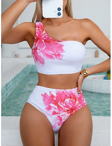 Bikini 2 Piece Swimsuit One Shoulder High Waist Slim Backless Vacation Beach Wear Asymmetric Neck Sleeveless Bathing Suits