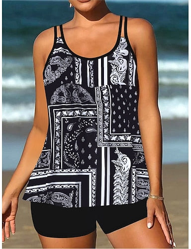 Tankini 2 Piece Swimsuit Shorts Tummy Control High Waist Slim Backless Vacation Beach Wear Paisley Stripe U Neck Sleeveless Bathing Suits