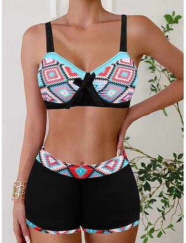 Bikini 2 Piece Swimsuit Shorts Slim Backless Vacation Beach Wear Color Block Geometic V Neck Sleeveless Bathing Suits