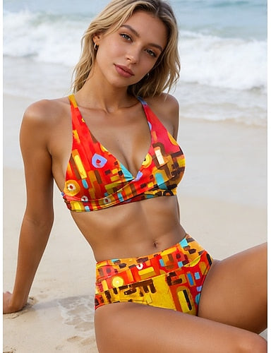 Swimwear Bikini Cheeky Swimsuit Vacation Graphic Geometic Halter Neck Sleeveless Bathing Suits