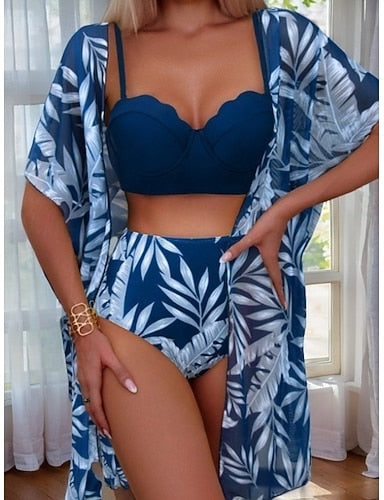 Bikini 3 Piece Swimsuit Palm Cheeky Slim Backless Vacation Beach Wear Leaves V Neck Sleeveless Bathing Suits