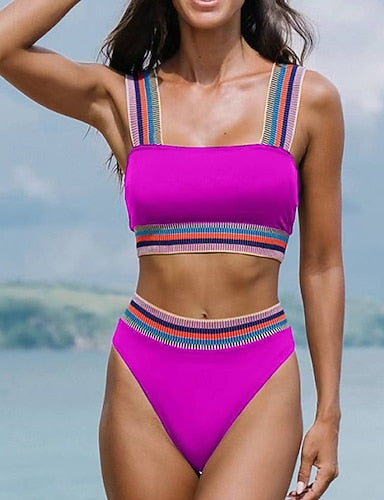 Two Piece Swimsuit High Waisted Ruched Bikini Colored Elastic Sleeveless Swimwear Surfing Beach Vacation Summer