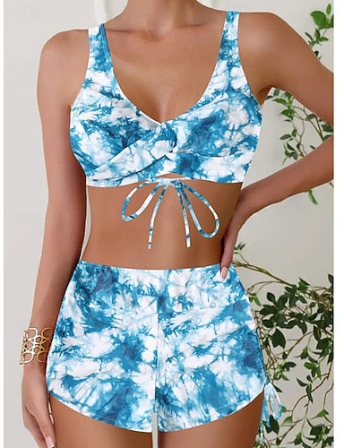 Bikini 2 Piece Swimsuit Leopard Shorts Slim Backless Vacation Beach Wear Camo V Neck Sleeveless Bathing Suits