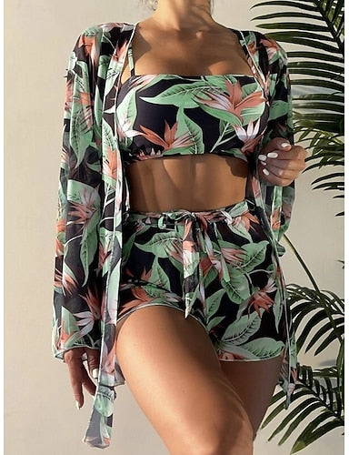 Bikini 3 Piece Swimsuit Palm Shorts Slim Backless Vacation Beach Wear Leaves V Neck Sleeveless Bathing Suits
