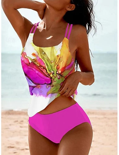 Swimwear Tankini 2 Piece Cheeky Swimsuit Tummy Control High Waist Slim Backless Vacation Beach Wear U Neck Sleeveless Bathing Suits