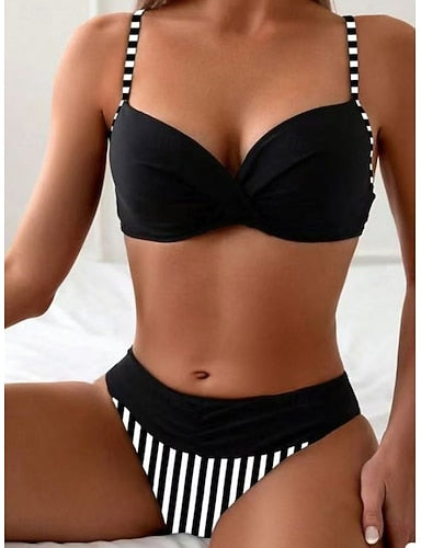 Swimwear Bikini 2 Piece Briefs Swimsuit Slim Backless Vacation Beach Wear Striped V Neck Sleeveless Bathing Suits