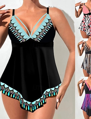 Tankini 2 Piece Swimsuit Cheeky Tummy Control High Waist Slim Backless Vacation Beach Wear Graphic Color Block V Neck Sleeveless Bathing Suits