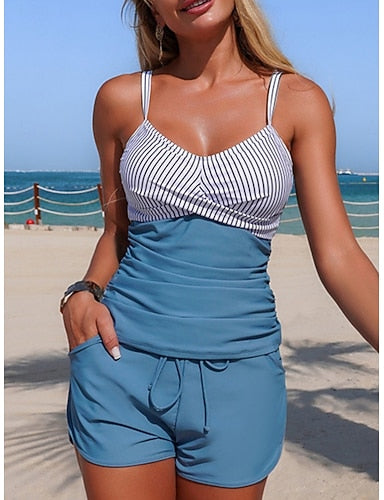 Swimwear Tankini 2 Piece Shorts Swimsuit Tummy Control High Waist Slim Backless Vacation Beach Wear Stripe V Neck Sleeveless Bathing Suits