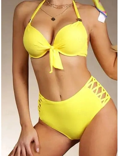 Swimwear Bikini 2 Piece Swimsuit Cut Out Backless Vacation Beach Wear Plain Halter Neck Sleeveless Bathing Suits