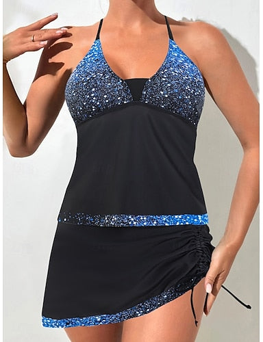 Tankini 2 Piece Swimsuit Ruched Skirt Tummy Control High Waist Slim Backless Vacation Beach Wear Ombre Halter Neck Sleeveless Bathing Suits