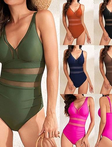 Bathing Suit Swimsuits One Pieces Colored V Neck Tummy Control Elastic Sleeveless Swimwear Surfing Beach Vacation Summer