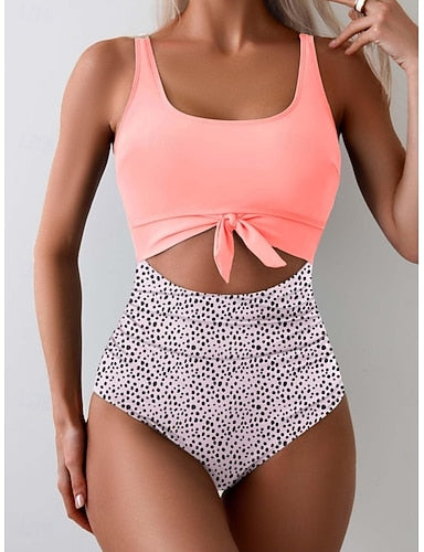 One Piece Swimsuit Cutout Monokini Tummy Control High Waist Slim Backless Vacation Beach Wear Polka Dot Color Block U Neck Sleeveless Bathing Suits