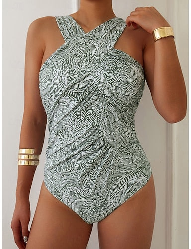Swimwear One Piece Monokini Swimsuit Tummy Control High Waist Slim Backless Vacation Tropical Graphic Halter Neck Sleeveless Bathing Suits