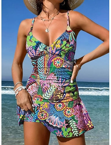 Swimwear One Piece Skirt Swimsuit Vacation Graphic V Neck Sleeveless Bathing Suits
