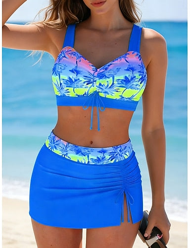 Swimwear Tankini 2 Piece Skirt Swimsuit Vacation Graphic Tropical V Neck Sleeveless Bathing Suits