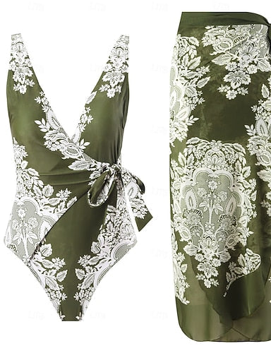 Swimwear One Piece 2 Piece Monokini Skirt Swimsuit Tummy Control High Waist Slim Backless Vacation Beach Wear V Neck Sleeveless Bathing Suits
