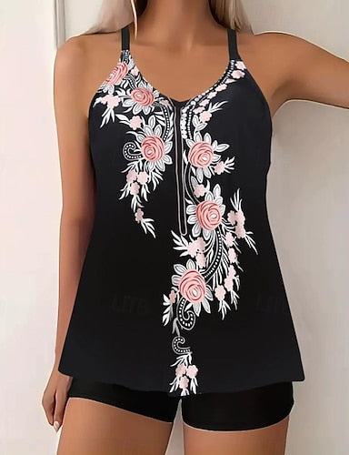 Swimwear Tankini 2 Piece Boy Leg Swimsuit Backless High Waist Vacation Beach Wear Paisley V Neck Sleeveless Bathing Suits