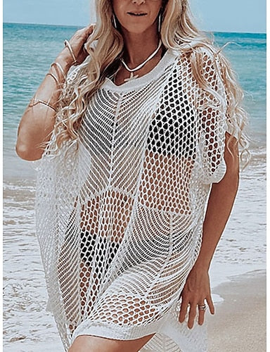 Normal Midi Dress Sundress Tropical Hawaiian Beach Regular Fit Plain Short Sleeve Crew Neck White Summer