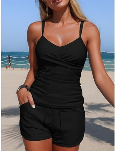 Swimwear Tankini 2 Piece Shorts Swimsuit Tummy Control High Waist Slim Backless Vacation Beach Wear Stripe V Neck Sleeveless Bathing Suits