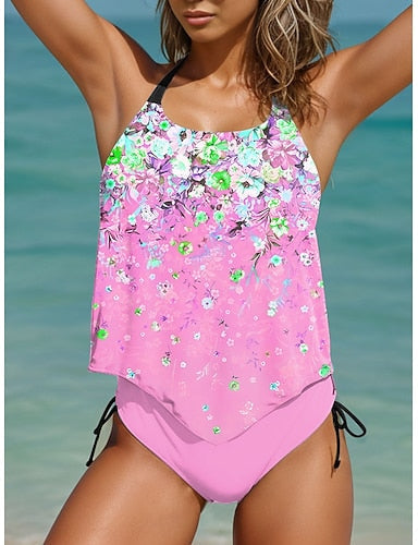Tankini 2 Piece Swimsuit Cheeky Backless Vacation Beach Wear Ombre U Neck Sleeveless Bathing Suits