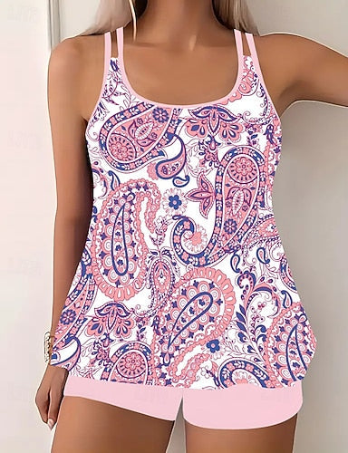 Swimwear 2 Piece Shorts Swimsuit Backless Vacation Beach Wear Graphic Round Neck Sleeveless Bathing Suits