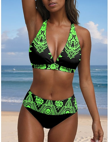Bikini 2 Piece Swimsuit Cheeky Halter Graphic Paisley V Wire Sleeveless Bathing Suits