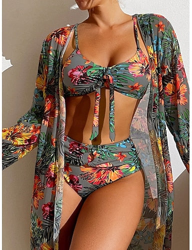 Bikini 3 Piece Swimsuit Palm Briefs Slim Backless Vacation Beach Wear Leaves Scoop Neck Sleeveless Bathing Suits