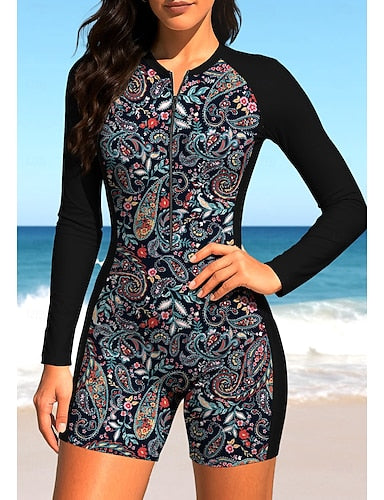 Rash Guard Dive Skin Suit Bathing Suit Swimsuit Set Paisley Folk Zip Up Removable Pad Front Zip Uv Sun Protection Upf50+ Ultra Light (ul) Long Sleeve Swimwear Sun Shirt Surfing Beach Water
