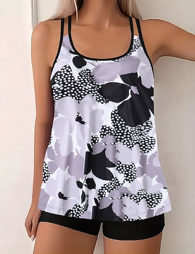 Swimwear 2 Piece Shorts Swimsuit Backless Vacation Beach Wear U Neck Sleeveless Bathing Suits