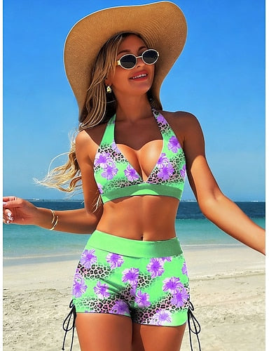 Bikini 2 Piece Swimsuit High Waist Backless Vacation Beach Wear Graphic V Neck Sleeveless Bathing Suits