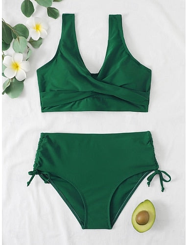 Bikini 2 Piece Swimsuit Ruched Cheeky Slim Backless Vacation Beach Wear Color V Neck Sleeveless Bathing Suits