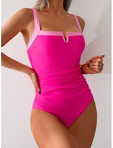 One Piece Swimsuit Slimming Ruched Underwire Colorblock Monokini Tummy Control High Waist Slim Backless Vacation Beach Wear Color V Neck Sleeveless Bathing Suits