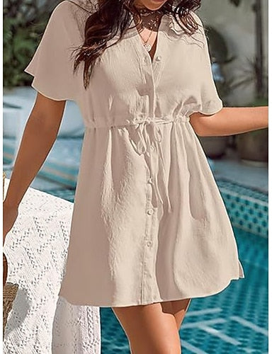 Mini Dress White Dress Beach Dress Black Dress Cover Up Classic Daily Outdoor Beach Regular Fit Plain Short Sleeve V Neck Black White Apricot Summer Spring