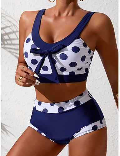 Swimwear Bikini 2 Piece High Waist Swimsuit Slim Backless Vacation Beach Wear Polka Dot U Neck Sleeveless Bathing Suits
