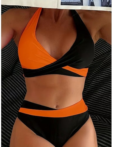 Bikini 2 Piece Swimsuit Colorblock Stylish Graphic Color Block Sleeveless Bathing Suits