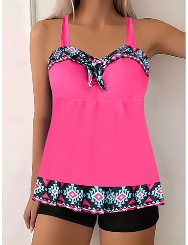 Tankini 2 Piece Swimsuit Shorts Tummy Control High Waist Slim Backless Vacation Beach Wear Graphic Geometic V Neck Sleeveless Bathing Suits