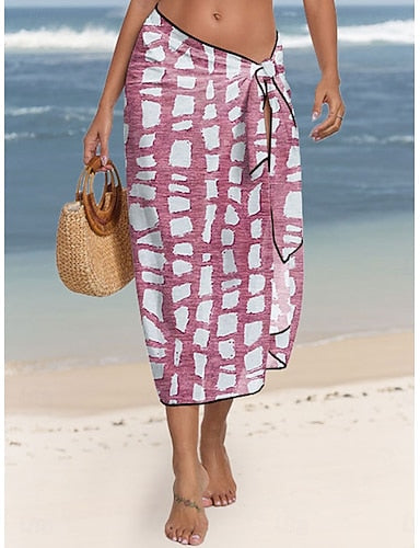 Cover Up Swimsuit Wrap Skirt Vacation Geometic Sleeveless Bathing Suits
