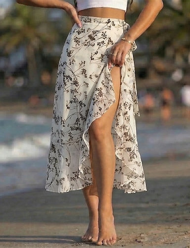 Vacation Skirt Midi Mid Waist Skirts Graphic Ruffle Inelastic Beach Light Pink Apricot White / Black Dark Pink Summer Chiffon