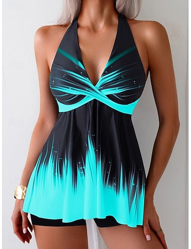 Tankini 2 Piece Swimsuit Boy Leg Halter Tummy Control High Waist Slim Backless Vacation Beach Wear Ombre Stripe Halter Neck Sleeveless Bathing Suits