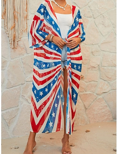 Swimwear Cover Up Swimsuit Vacation Beach Wear Flag V Neck Long Sleeve Bathing Suits
