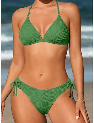 Swimwear Bikini 2 Piece Briefs Swimsuit Backless Vacation Beach Wear Plain Halter Neck Sleeveless Bathing Suits