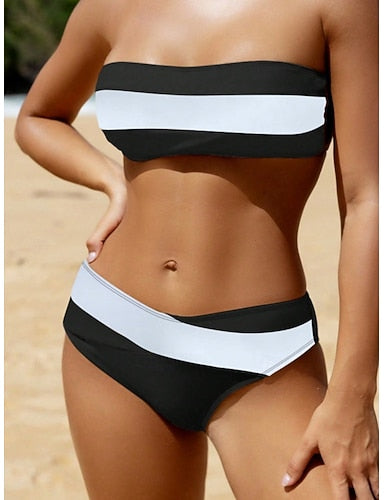 Swimwear Bikini 2 Piece Cheeky Swimsuit Slim Backless Vacation Beach Wear Stripe Strapless Sleeveless Bathing Suits