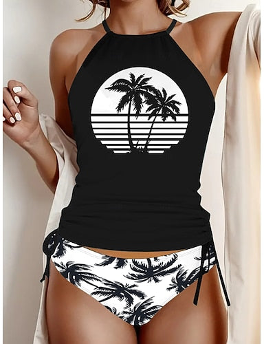 Tankini 2 Piece Swimsuit Ruched Briefs Tummy Control High Waist Slim Backless Vacation Beach Wear Graphic U Neck Sleeveless Bathing Suits
