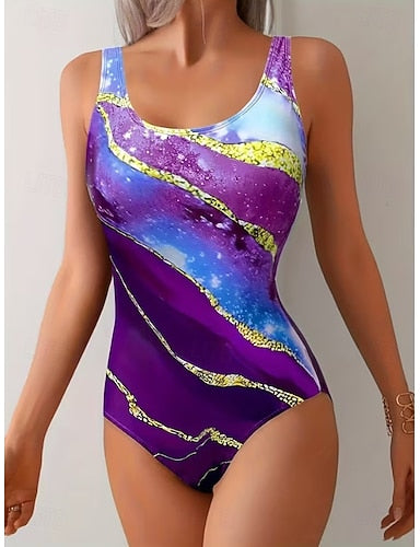 Swimwear One Piece Skirt Swimsuit Vacation Ombre Graphic Sleeveless Bathing Suits