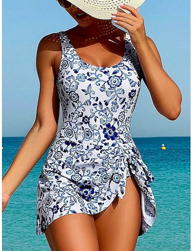 One Piece Swimsuit With Skirt Monokini High Cut Tummy Control High Waist Slim Backless Vacation Graphic U Neck Sleeveless Bathing Suits