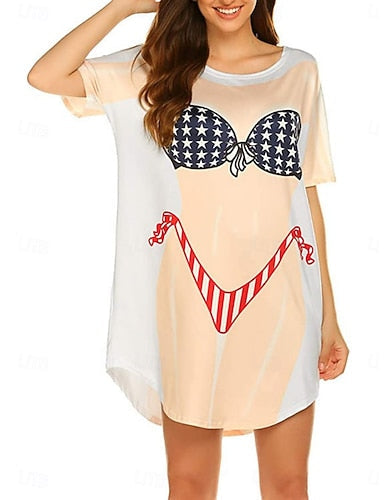 Swimdress Swimsuit Dress Vacation Beach Wear Graphic Flag Round Neck Long Sleeve Bathing Suits